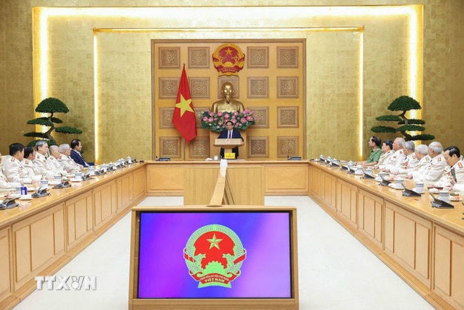 Thủ tướng Phạm Minh Chính phát biểu tại buổi gặp mặt Ban Liên lạc Công an chi viện chiến trường miền Nam. (Ảnh: Dương Giang/TTXVN) ttxvn-thu-tuong-ban-lien-lac-cong-an-chi-vien-chien-truong-mien-nam-2.jpg