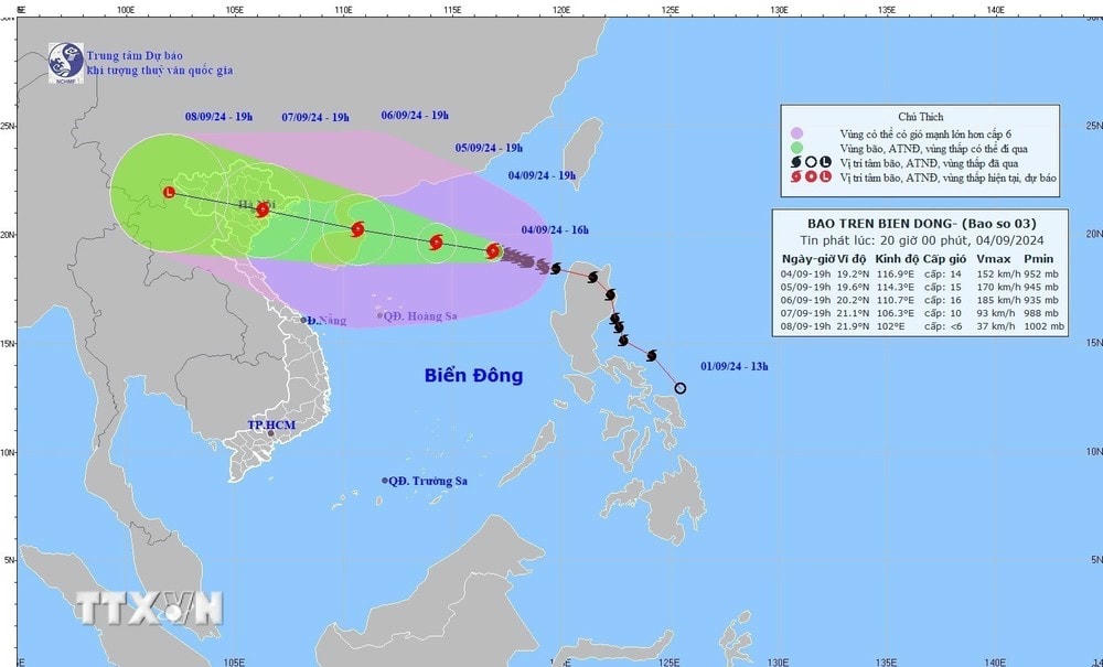 Bản đồ đường đi của Bão số 3. (Ảnh: TTXVN phát)