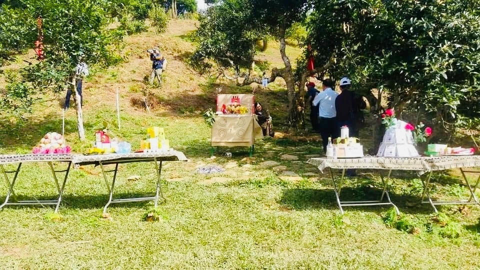 Người dân bày đồ lễ quanh cây chè tổ, đồ lễ gồm: gồm: Hương, rượu, cơm nếp; bên dưới dưới bàn thờ có một con gà trống đen còn sống. 