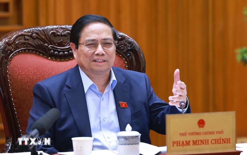 Thủ tướng Phạm Minh Chính chủ trì cuộc họp Thường trực Chính phủ về dự án sân bay Gia Bình. (Ảnh: Dương Giang/TTXVN)