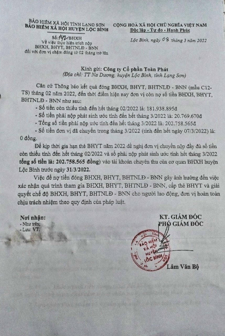 Thông báo nợ hàng trăm triệu đồng từ BHXH huyện Lộc Bình đến Công ty Cổ phần Toàn Phát