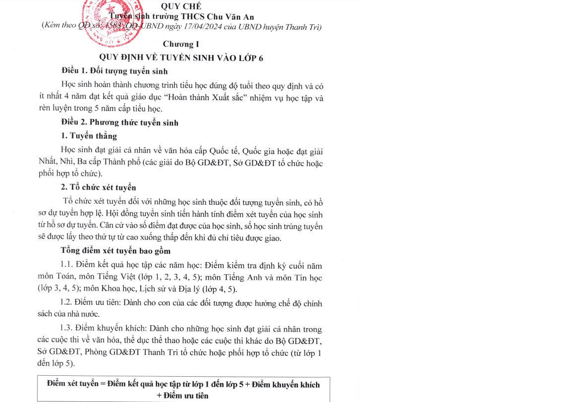 Học sinh phải đạt ít nhất 4 năm Hoàn thành Xuất sắc mới đủ điều kiện xét tuyển vào Trường THCS Chu Văn An (Thanh Trì, Hà Nội).