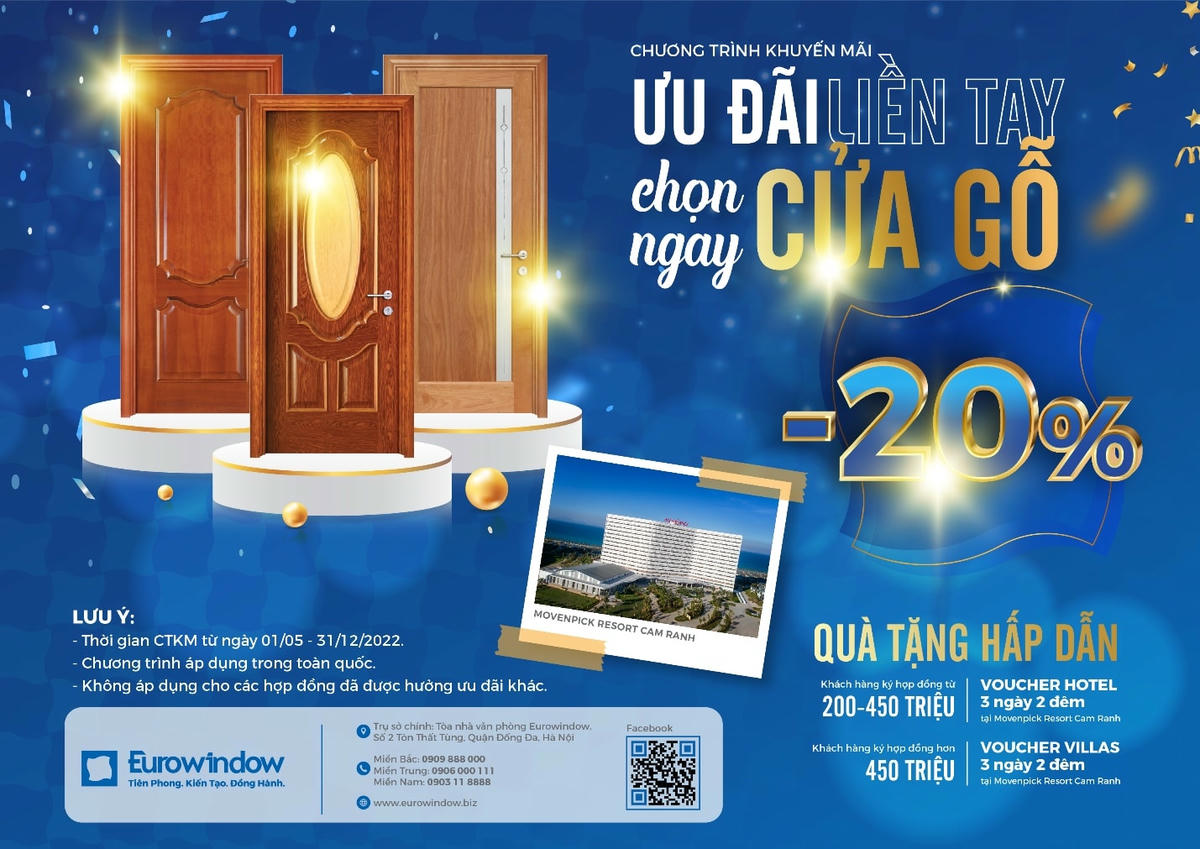 Cơ hội sở hữu cửa gỗ cao cấp thế hệ mới Eurowindow với ưu đãi hấp dẫn. Để biết thêm thông tin chi tiết liên hệ hotline Eurowindow tại Miền Bắc: 0909 888 000, Miền Trung: 0906 000 111, Miền Nam: 0903 11 8888 hoặc truy cập website http://www.eurowindow.biz.
