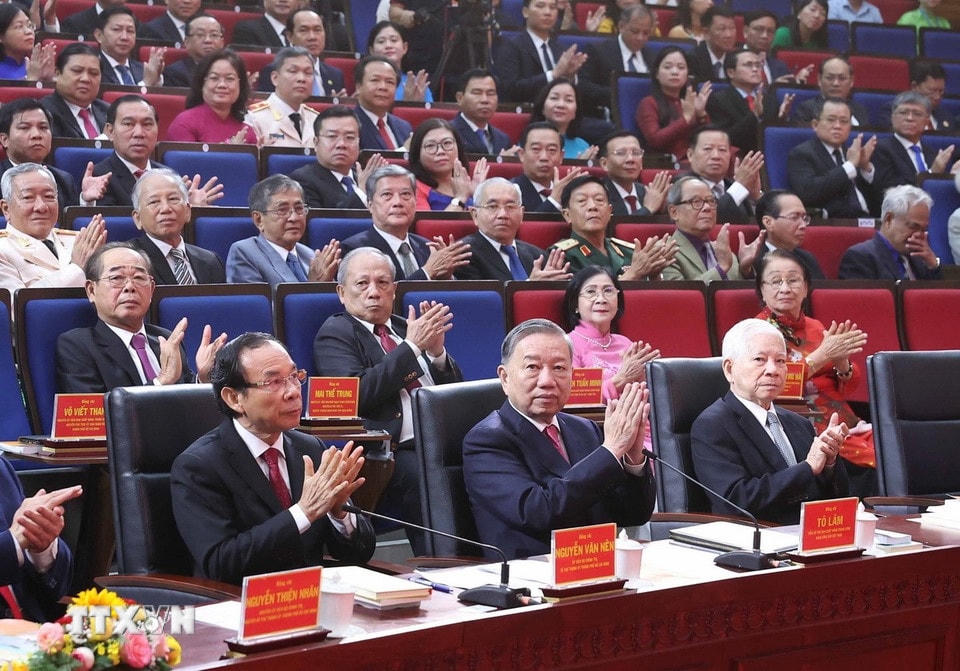 Tổng Bí thư Tô Lâm dự Lễ Công bố Nghị quyết sáp nhập đơn vị hành chính tại Thành phố Hồ Chí Minh. (Ảnh: Thống Nhất/TTXVN)