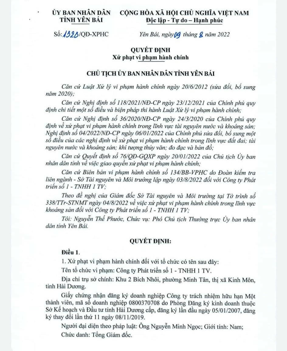 Quyết định của UBND tỉnh Yên Bái về việc xử phạt Công ty phát triển số 1