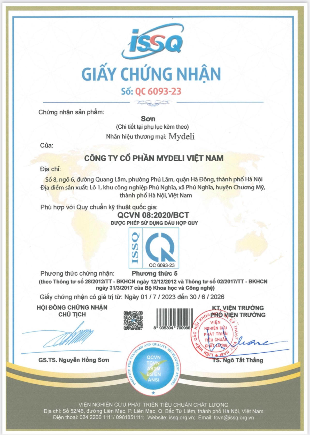 Giấy chứng nhận sản phẩm của công ty.