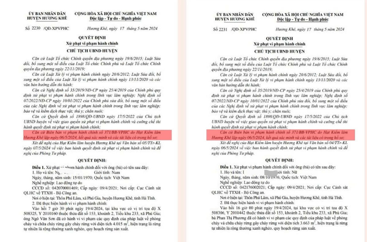 Hai Quyết định xử phạt vi phạm hành chính của UBND huyện Hương Khê chỉ căn cứ vào 1 biên bản vi phạm. Ảnh: Cẩm Kỳ.
