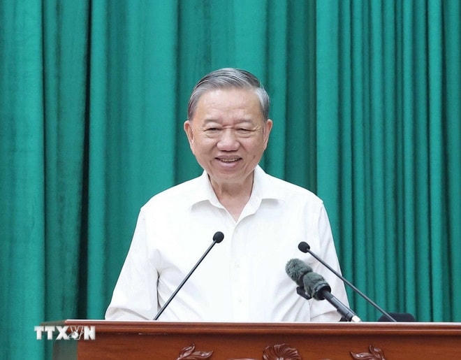 Tổng Bí thư Tô Lâm phát biểu tại buổi làm việc với Ban Thường vụ Tỉnh ủy Kon Tum và Thường trực Tỉnh ủy Quảng Ngãi. (Ảnh: Thống Nhất/TTXVN) ttxvn-tong-bi-thu-to-lam-3.jpg