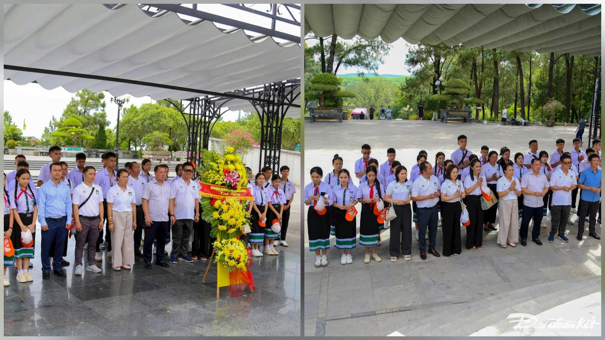 Tham gia cùng đoàn có: ông Lê Văn Mùi, Ủy viên Ủy ban Trung ương MTTQ Việt Nam khóa X, Trưởng ban Quản lý trường song ngữ Lào - Việt Nam Nguyễn Du; ông Đặng Thanh Phương, Phó trưởng Ban Đối ngoại Nhân dân; bà Sivanheuang Phengkhammay (Nguyễn Thị Thanh Hương), Hiệu trưởng Trường song ngữ Lào - Việt Nam Nguyễn Du… và 25 học sinh tiêu biểu của Trường song ngữ Lào - Việt Nam Nguyễn Du. Ảnh: Đỗ Văn.