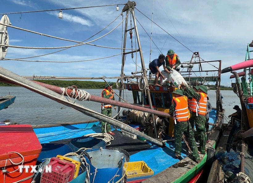 Bộ đội Biên phòng Nghệ An hỗ trợ ngư dân neo đậu tàu thuyền tại nơi tránh trú an toàn. (Ảnh: TTXVN phát)
