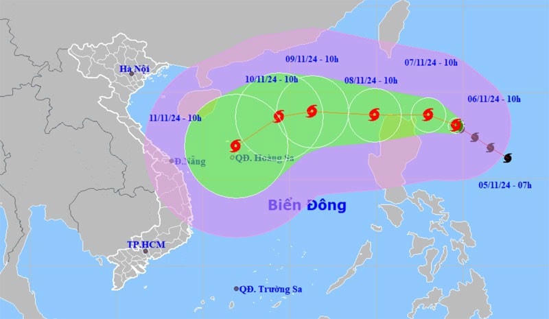 Vị trí và hướng di chuyển của bão Yinxing. (Nguồn: nchmf.gov.vn)
