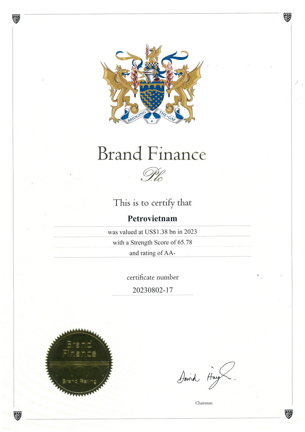 Giấy chứng nhận của Brand Finance.