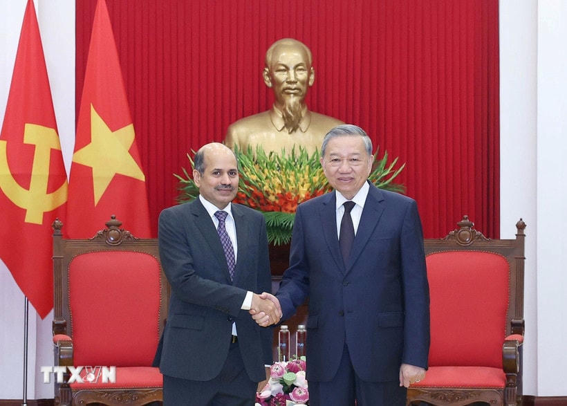 Tổng Bí thư Tô Lâm tiếp Đại sứ Ấn Độ tại Việt Nam Sandeep Arya. (Ảnh: Thống Nhất/TTXVN)