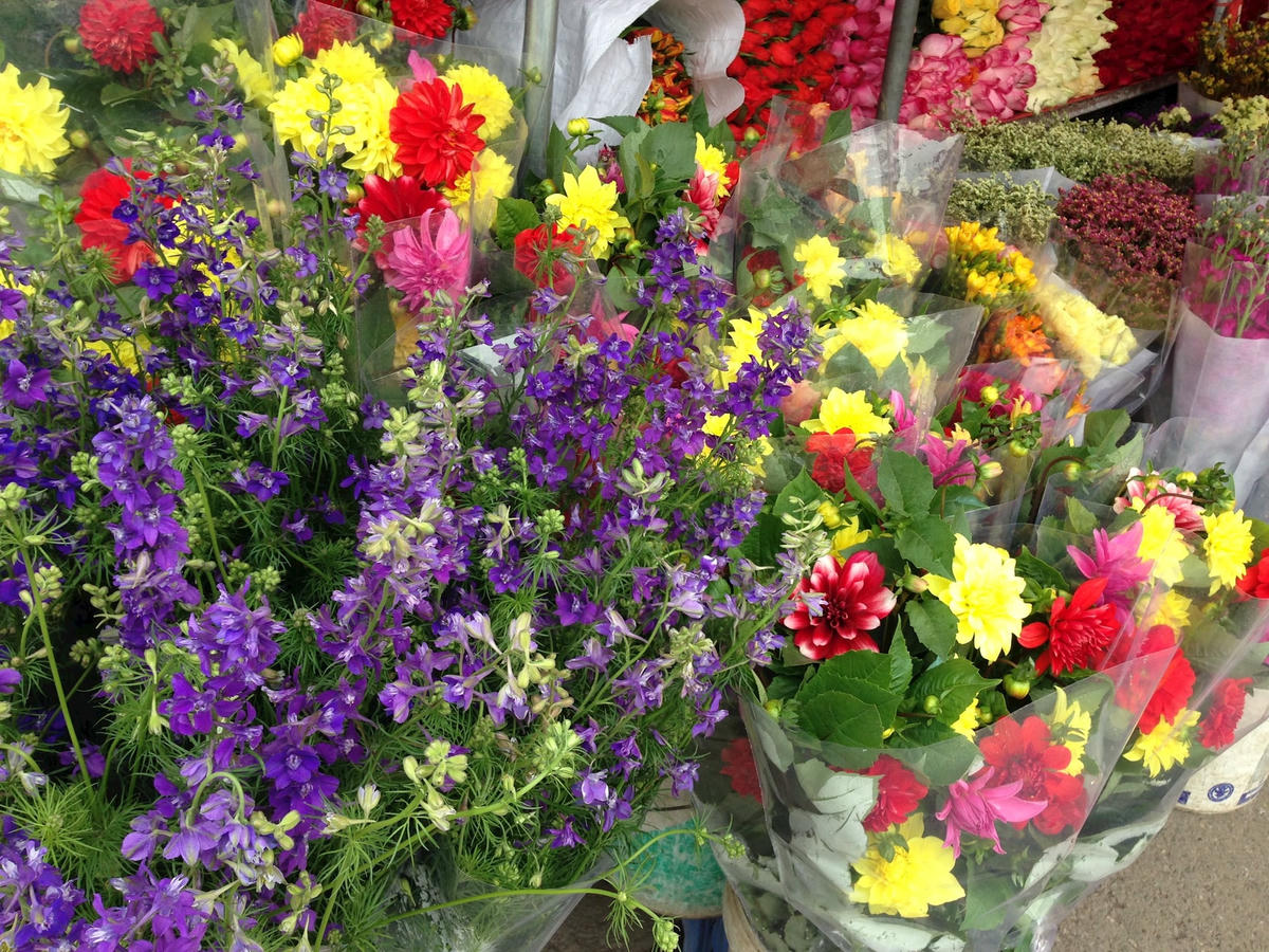 Sắc hoa xuân trong chợ Quảng An. Ảnh: Việt Linh.