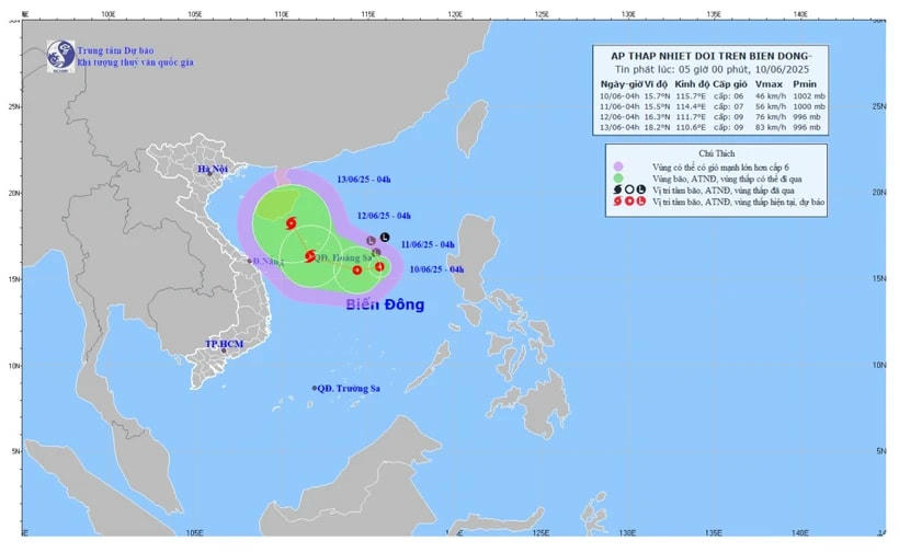 Vị trí và đường đi của áp thấp nhiệt đới. (Nguồn: Trung tâm Dự báo Khí tượng Thủy văn Quốc gia)