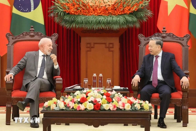 Tổng Bí thư Tô Lâm tiếp Tổng thống Cộng hòa Liên bang Brazil Luiz Inácio Lula da Silva. (Ảnh: An Đăng/TTXVN)