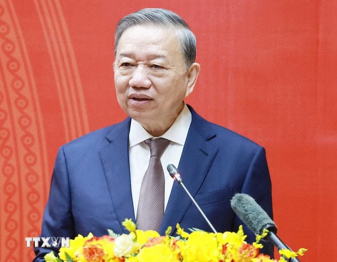 Tổng Bí thư Tô Lâm phát biểu. (Ảnh: Thống Nhất/TTXVN) ttxvn-tong-bi-thu-to-lam-bo-y-te-3.jpg