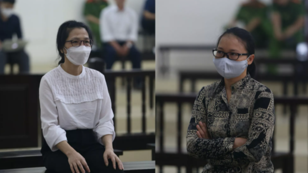 Hai bị cáo Phạm Thị Thu Hường và Phạm Thị Kim Tuyến tại toà. Ảnh: BT