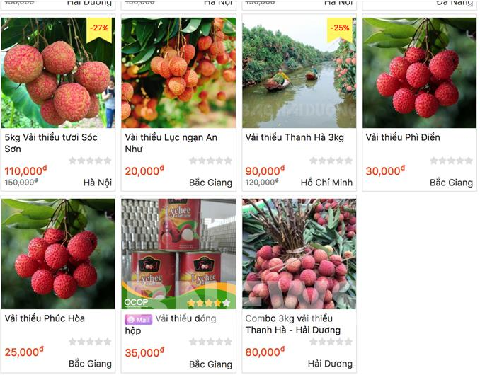 Sản phẩm vải thiều trên các sàn TMĐT. Ảnh: TTXVN