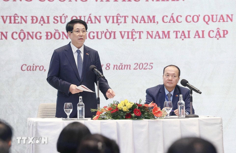 Chủ tịch nước Lương Cường nói chuyện với cán bộ, nhân viên Đại sứ quán, các cơ quan và đại diện cộng đồng người Việt Nam tại Ai Cập. (Ảnh: Lâm Khánh/TTXVN)