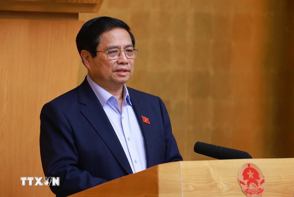 Thủ tướng Phạm Minh Chính chủ trì cuộc họp Chính phủ chuyên đề về việc sắp xếp, tổ chức lại đơn vị hành chính các cấp. (Ảnh: Dương Giang/TTXVN)