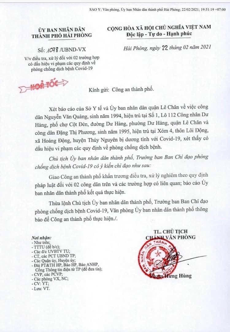 Công văn hỏa tốc của Chủ tịch UBND TP Hải Phòng đề nghị công an vào cuộc liên quan đến 3 ca dương tính Covid-19. 