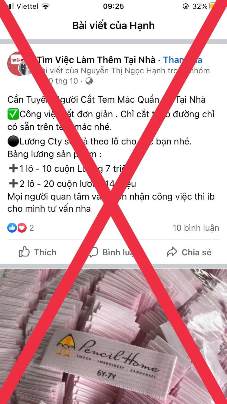 Nhan nhản các bài đăng lừa đảo về công việc cắt tem mác tại nhà.