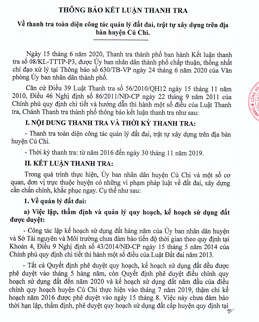 Kết luận Thanh tra về công tác quản lý đất đai, trật tự xây dựng trên địa bàn huyện Củ Chi.