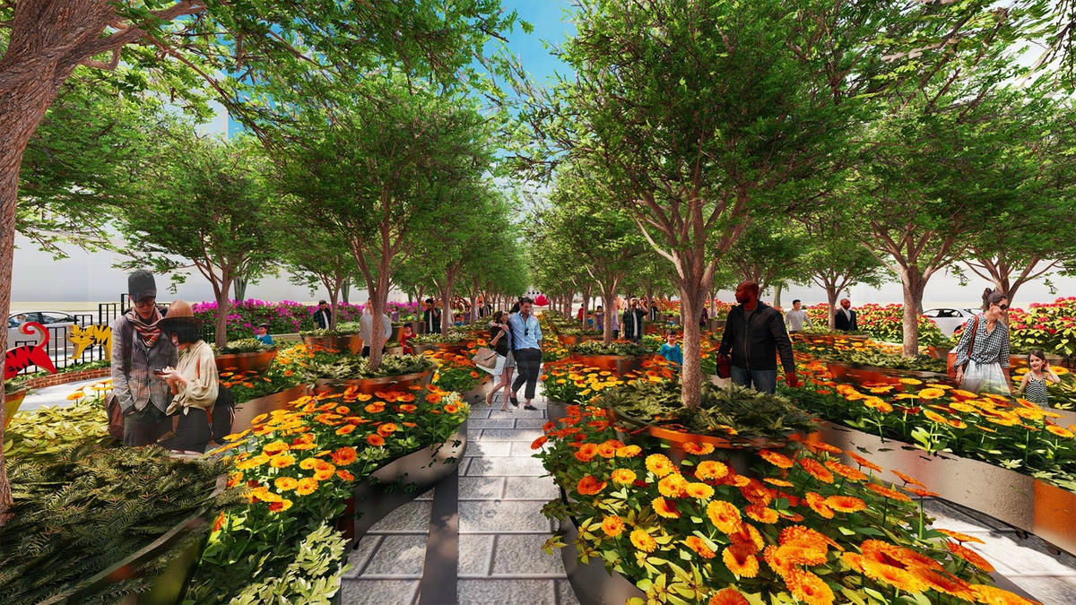 Phần gốc 51 cây lộc vừng được bao bọc bởi hệ thống bục kết cây lá màu, đảm bảo khoảng cách giữa hai hàng là 2m, đủ rộng để khách thưởng lãm giữ khoảng cách an toàn 5K khi tham quan và chụp ảnh.