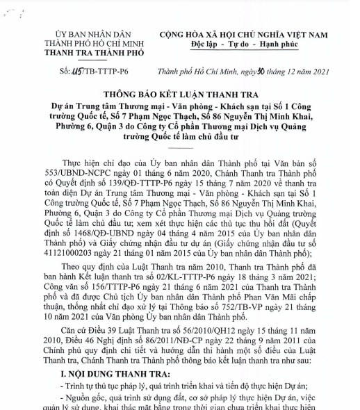 Thông báo Kết luận thanh tra dự án của Thanh tra TP HCM vừa công bố.