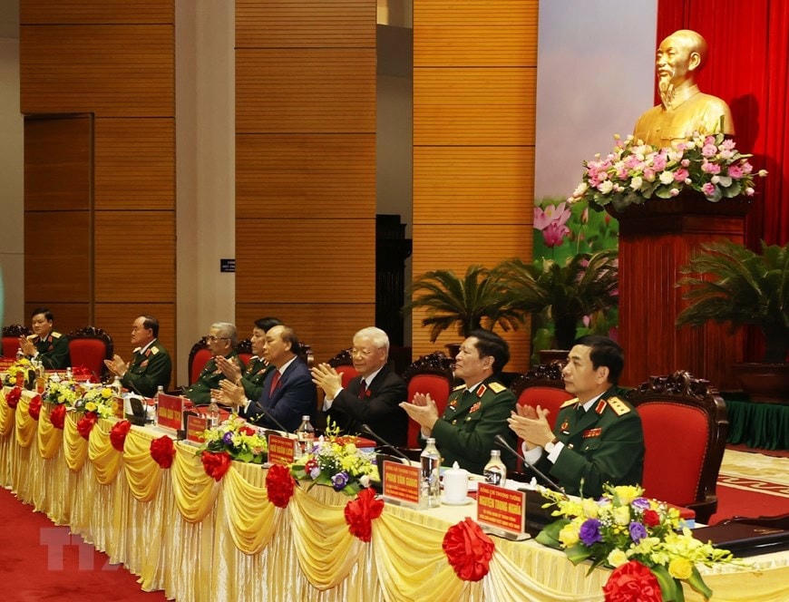 Tổng Bí thư, Chủ tịch nước, Bí thư Quân ủy Trung ương Nguyễn Phú Trọng dự Đại hội. (Ảnh: Trí Dũng/TTXVN)