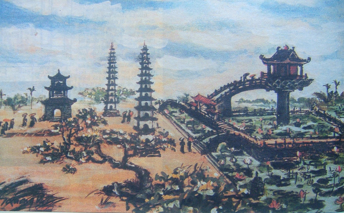 Họa sĩ Trịnh Quang Vũ vẽ chùa Diên Hựu qua tham khảo các tư liệu mô tả xưa.