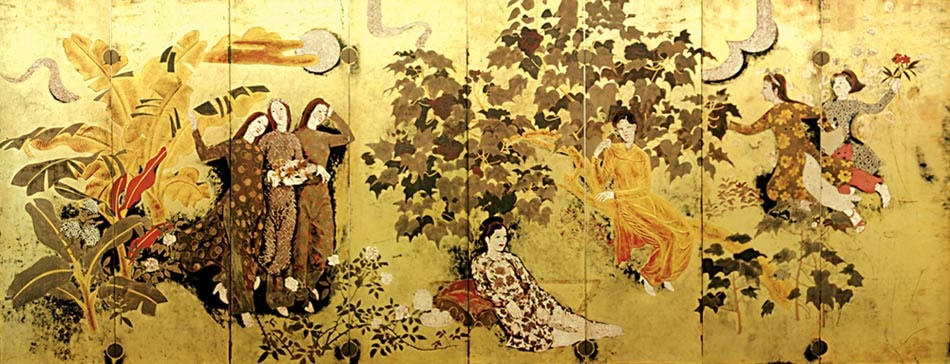 Tác phẩm “Thiếu nữ trong vườn” của họa sĩ Nguyễn Gia Trí. Chất liệu: sơn mài, kích thước 160x400 cm.