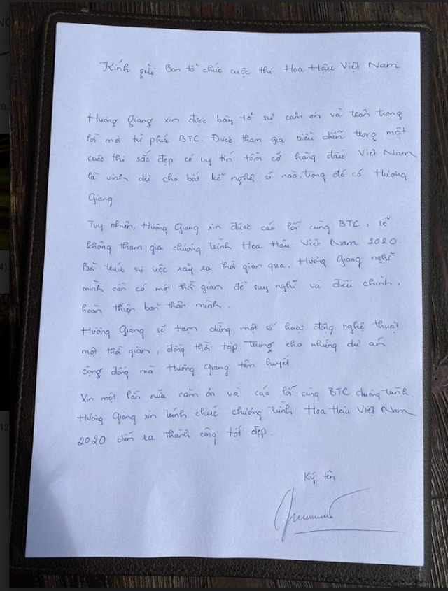 Đơn xin rút lui và xin lỗi của Hoa hậu chuyển giới Hương Giang.