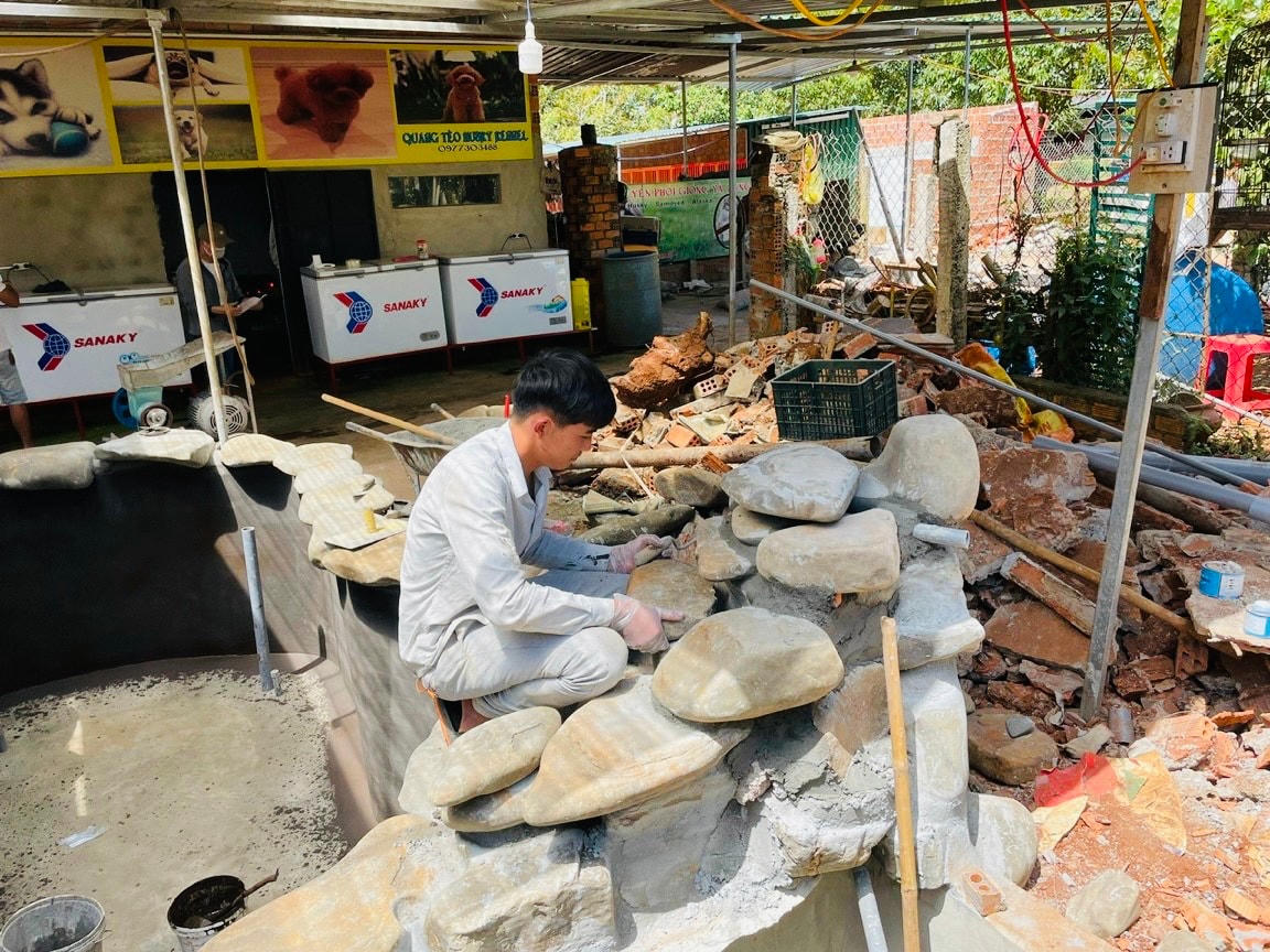 Vừa nuôi cá Koi, Hùng vừa thiết kế xây dựng các hồ, cải tạo sân vườn cho khách hàng có nhu cầu.