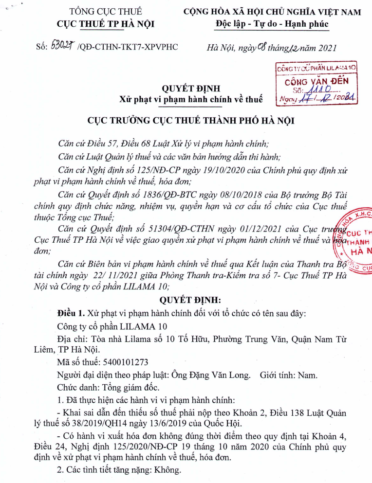 Quyết định xử phạt vi phạm hành chính của Cục Thuế Hà Nội đối với Công ty