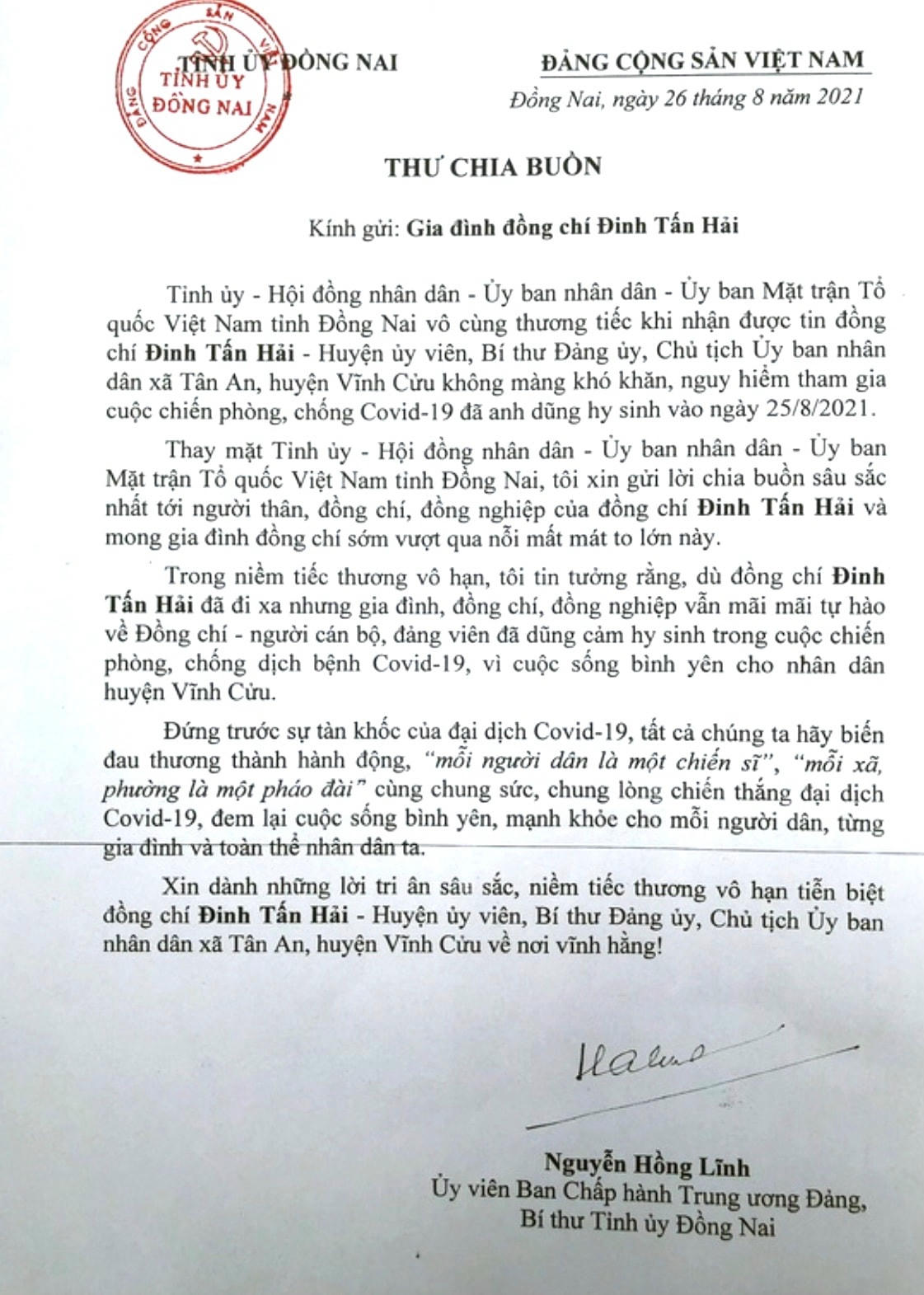 Thư chia buồn của Bí thư Tỉnh ủy Đồng Nai gửi đến thân nhân gia đình chủ tịch xã Tân An.