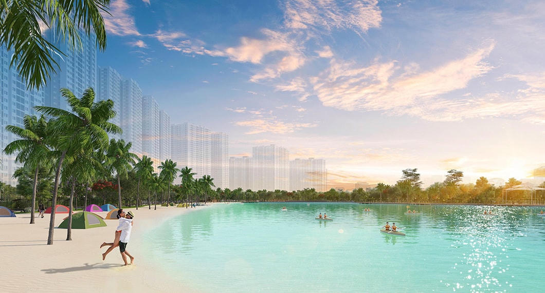 Hồ điều hòa rộng 4,8ha với bãi cát nhân tạo và làn nước trong xanh.