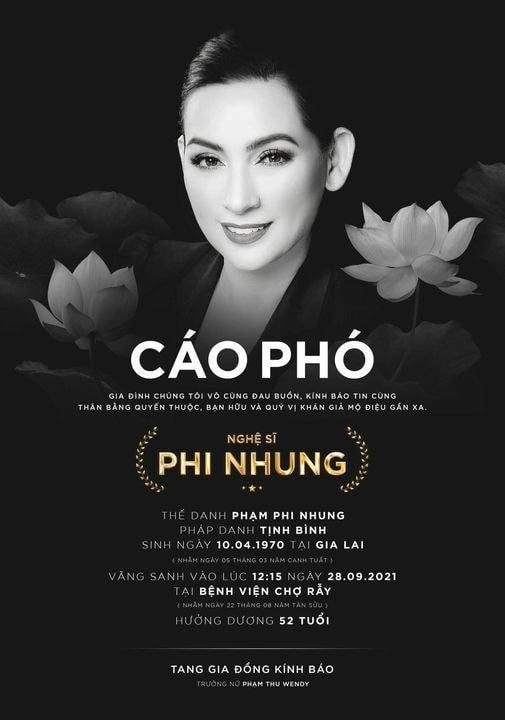 Ca sĩ Phi Nhung qua đời tại bệnh viện Chợ Rẫy, hưởng dương 52 tuổi.