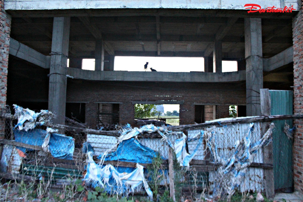  Lối vào dãy nhà hiệu bộ 9 tầng được rào thép và phủ bạt