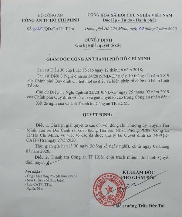 Quyết định gia hạn của Công an TP HCM với vụ việc.