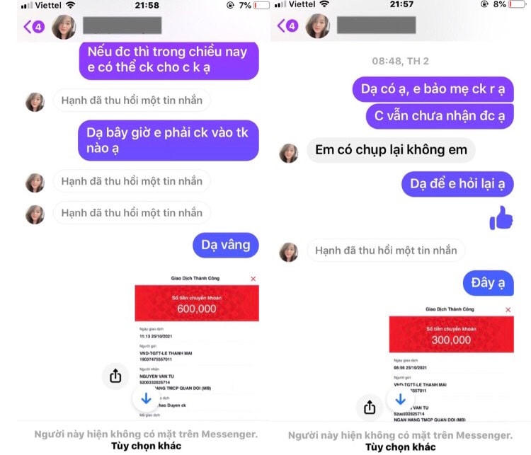 Ngay sau khi chuyển khoản, đối tượng lập tức "bay hơi".