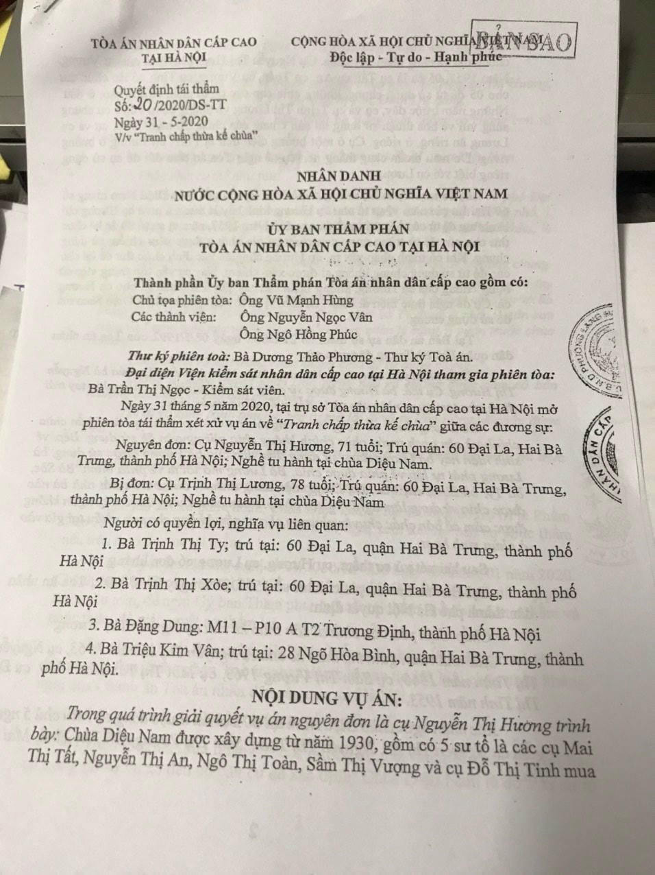 Toà án nhân dân Cấp cao tại Hà Nội đã ban hành Quyết định tái thẩm số 20/2020/DS-TT 