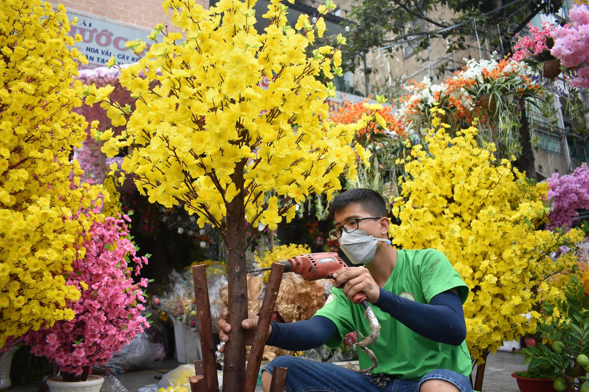 Chủ cửa hàng chăm sóc cây mai giả để chào đón khách mua.
