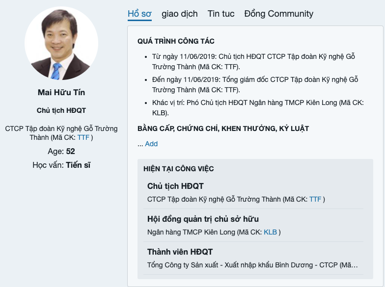Ông Mai Hữu Tín Chủ tịch HĐQT CTCP Tập đoàn Kỹ nghệ Gỗ Trường Thành