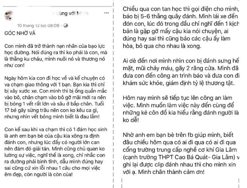 Bài chia sẻ của chị T.M.Y về trường hợp của con mình trên Facebook. (Nguồn: FBNV)