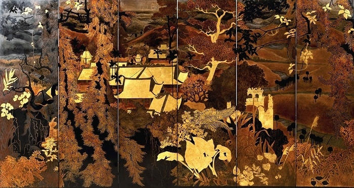 Tác phẩm “Chùa Thầy” của họa sĩ Phạm Hậu, sáng tác năm 1934. Chất liệu: sơn mài trên gỗ, gồm 6 tấm, kích thước mỗi tấm 104x34 cm.