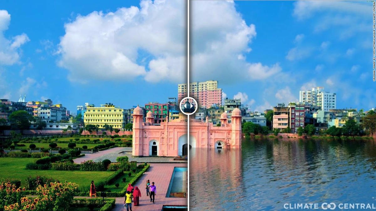 Hình ảnh Pháo đài Lalbagh ở thủ đô Dhaka, Bangladesh nếu Trái đất nóng lên 3 độ C. Ảnh: CNN