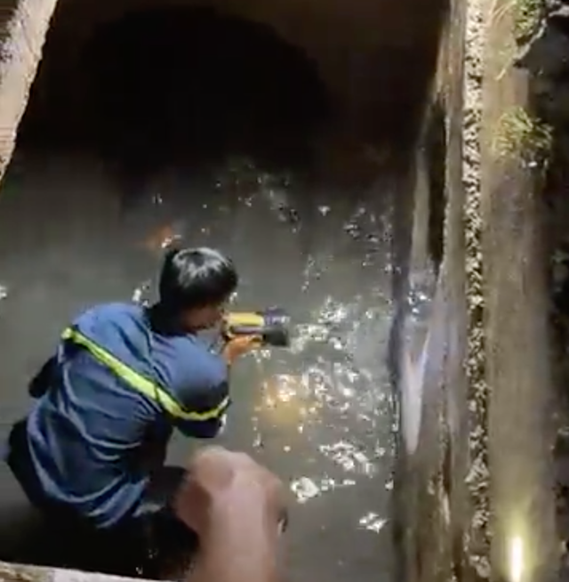 Lực lượng cứu nạn cứu hộ thuộc Phòng Cảnh sát PCCC Công an tỉnh Đồng Nai tìm kiếm nạn nhân dưới cống.