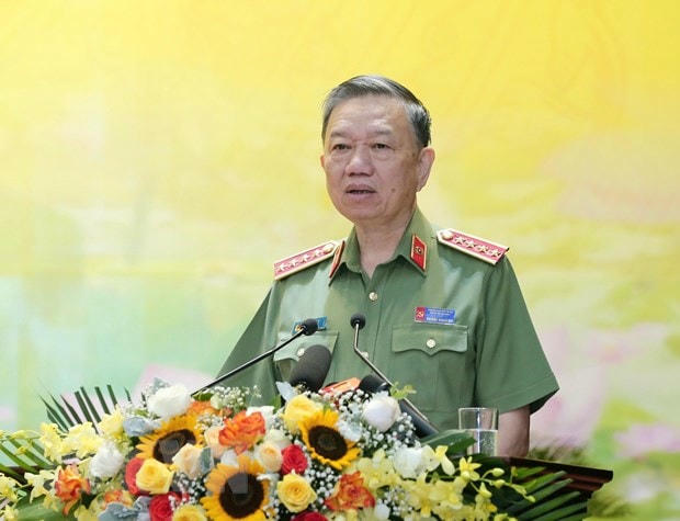 Đại tướng Tô Lâm, Ủy viên Bộ Chính trị, Bí thư Đảng ủy Công an Trung ương, Bộ trưởng Bộ Công an phát biểu. (Ảnh: Doãn Tấn/TTXVN).